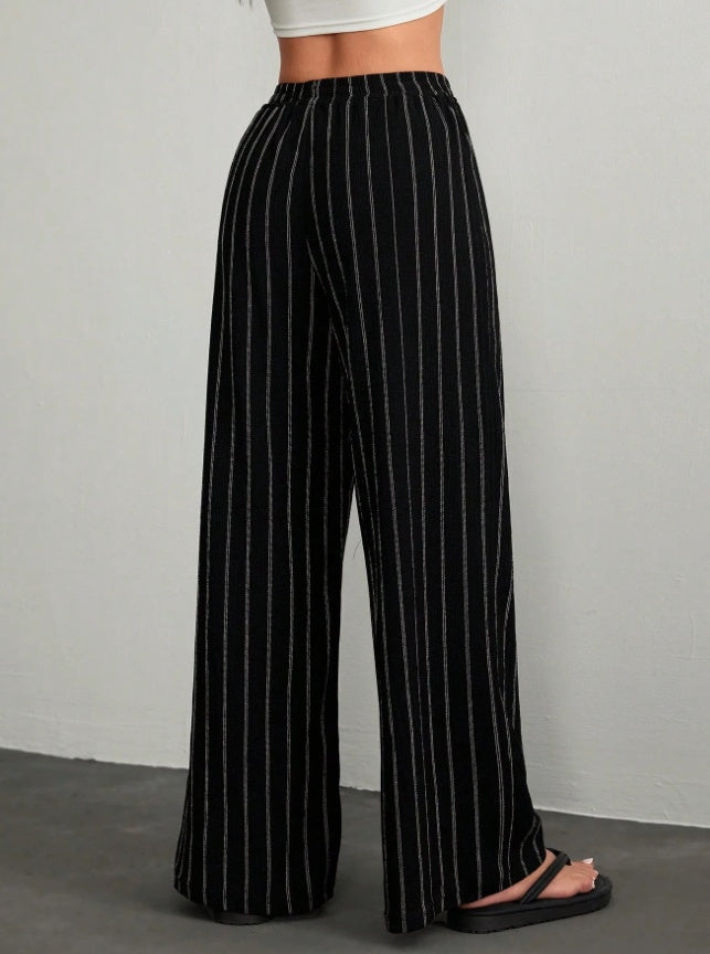 Plus Size High-Waisted Textured Wide-Leg Pants Pear-Shaped Body Slimming Vertical Striped