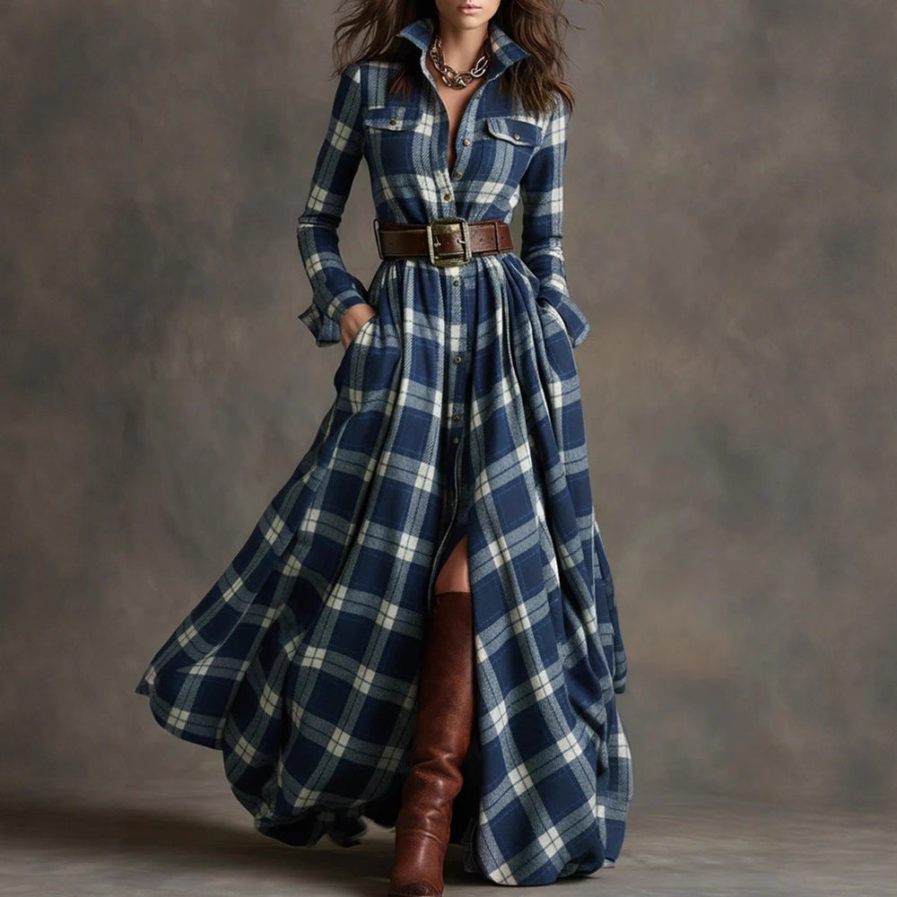 Plaid Print Long-Sleeved Dress Fashion Pockets Collared Buttons Shirt Long Dresses Retro Koalakits36