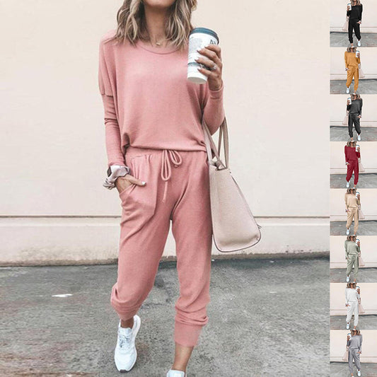 Women's Long Sleeve Suit Fashion Pullover Top And Pockets Drawstring Long Pants Solid Color Casual Sports Trouser Suit Clothing Koalakits36