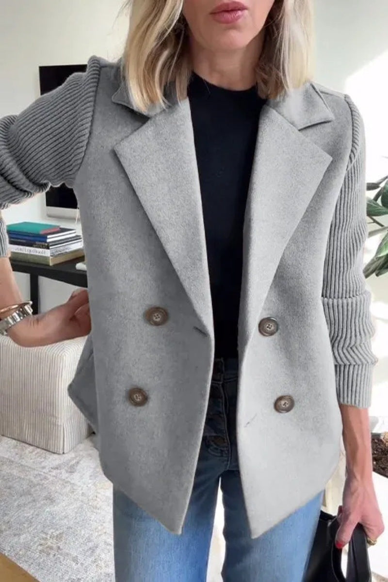 Double Breasted Lapel Jacket Fashion Knitted Sleeves Splicing Design Coat Outerwear Koalakits36