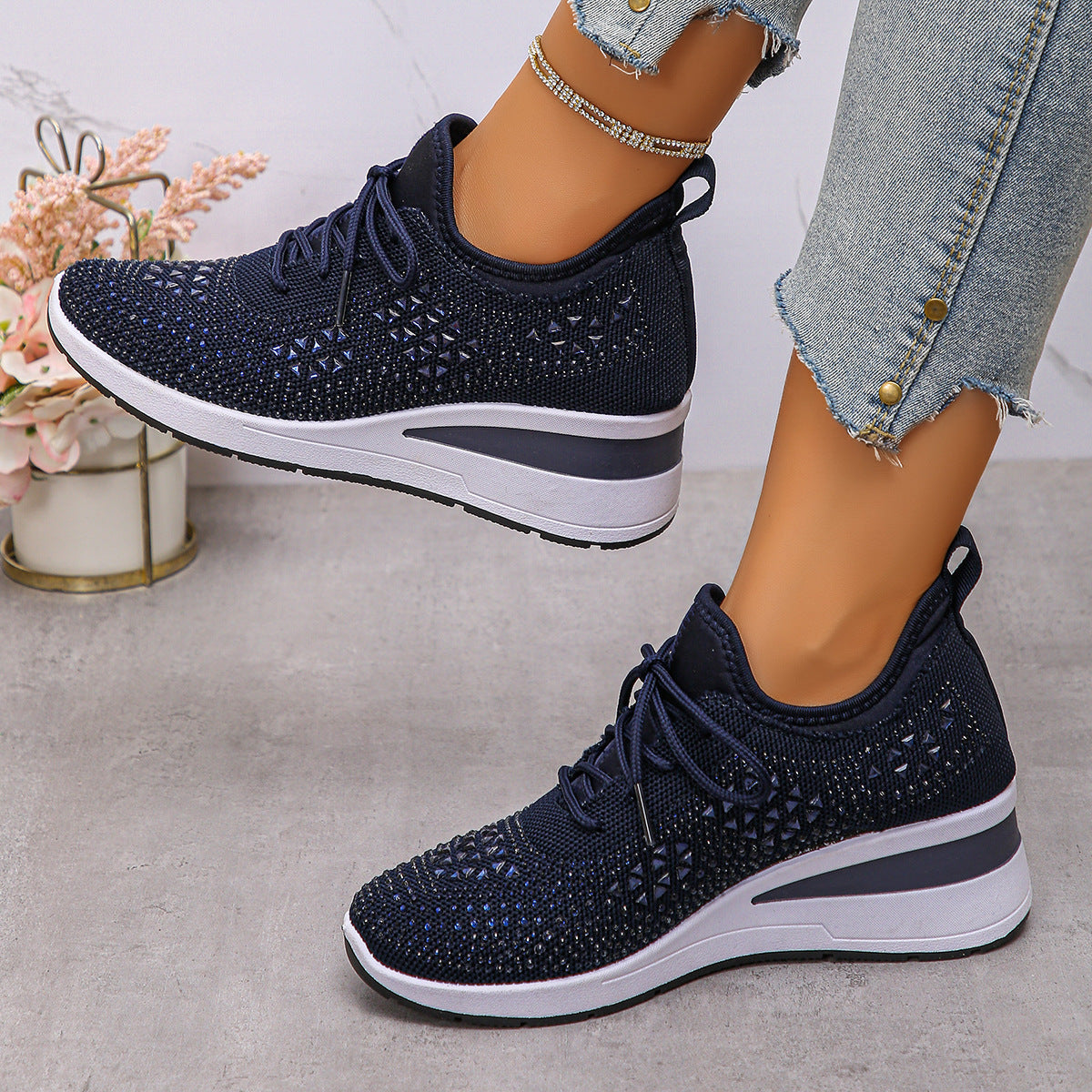 Rhinestone Sneakers Fashion Lace Up Wedges Casual Shoes Women's Daily Commuting Sports Shoes Koalakits36