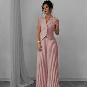 Summer Sleeveless Suit Fashion Lapel Button Vest Top And Pleated Straight Pants | Koalakits36