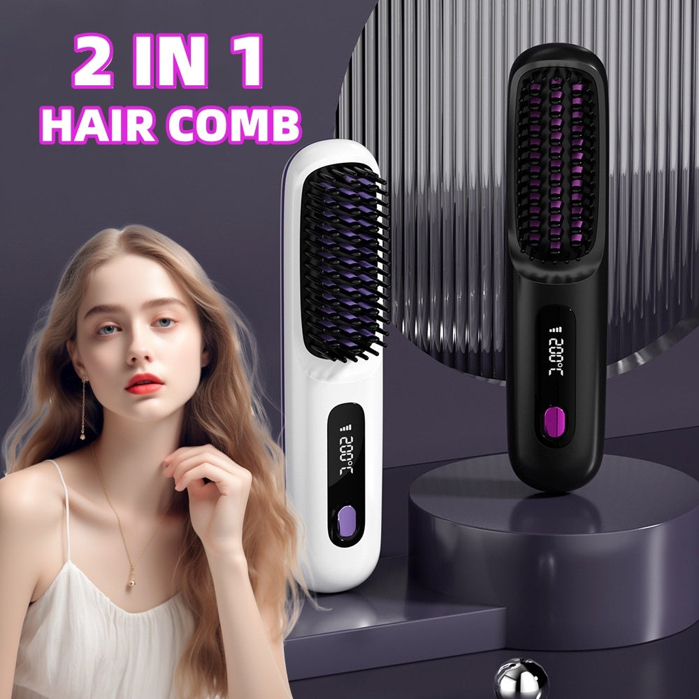 2 In 1 Hair Comb Wireless Straightener Brush Hair Fast Heating Portable Hot Curler | Koalakits36