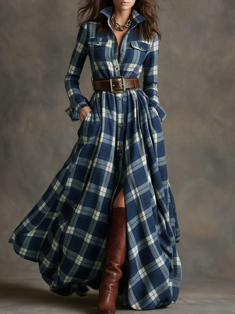 Plaid Print Long-Sleeved Dress Fashion Pockets Collared Buttons Shirt Long Dresses Retro Koalakits36