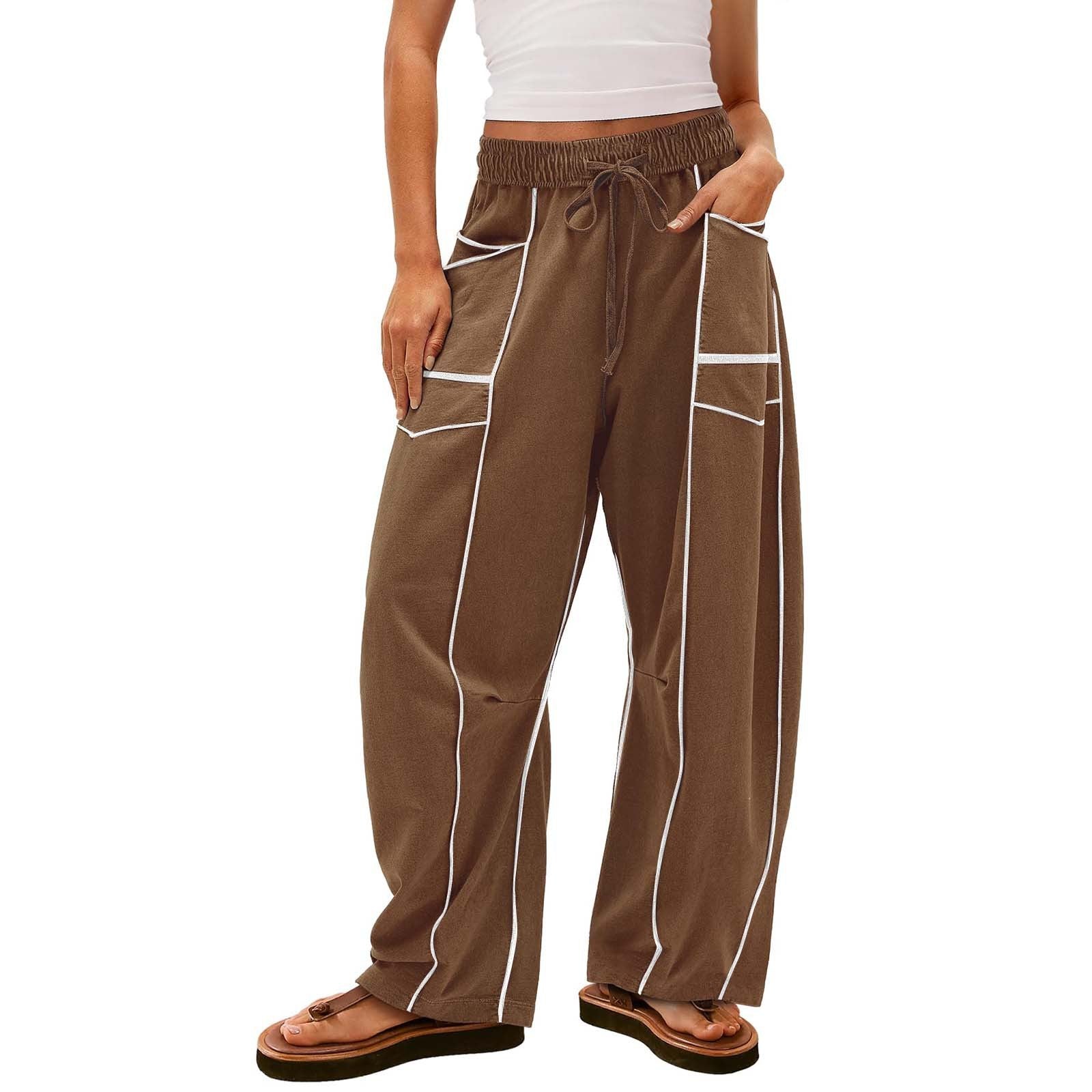  BLACK STRIPED WIDE-LEG PANTS WITH POCKETS FASHION LOOSE DRAWSTRING TROUSERS | Koalakits36