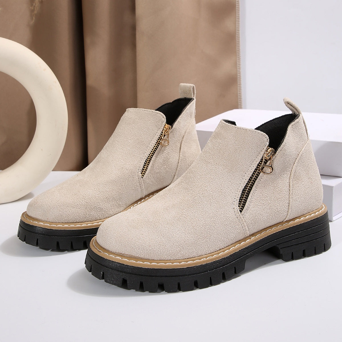 Fashion Ankle Boots With Side Zipper Ins Chunky Boots Autumn Winter Suede Shoes Women Koalakits36
