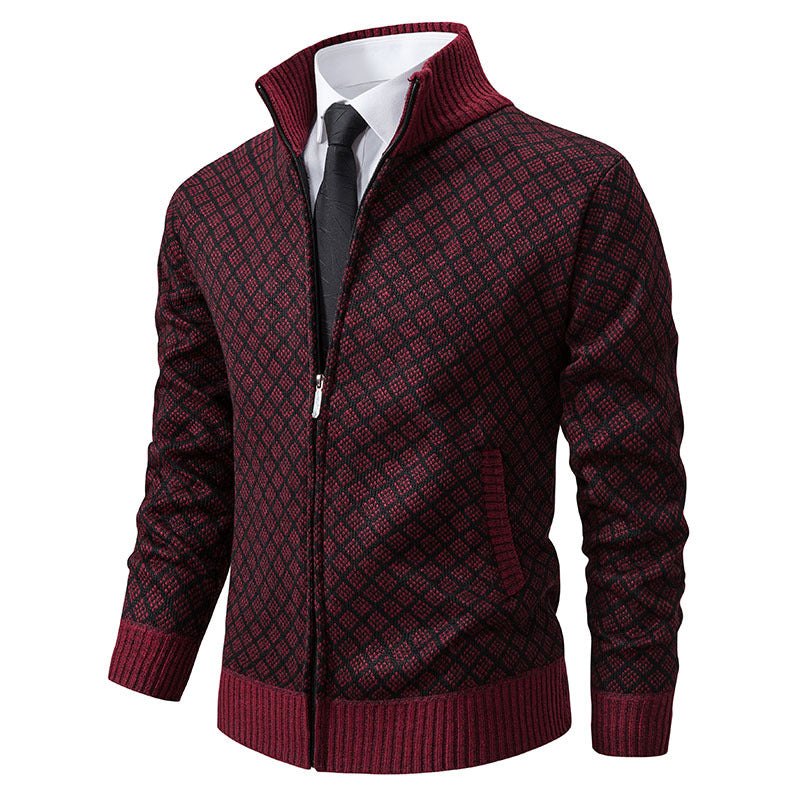 Thickened Plaid Print Jacket Cardigan Fashion Slim Fit Zipper Stand Collar Sweater Winter Men's Casual Long Sleeve Koalakits36
