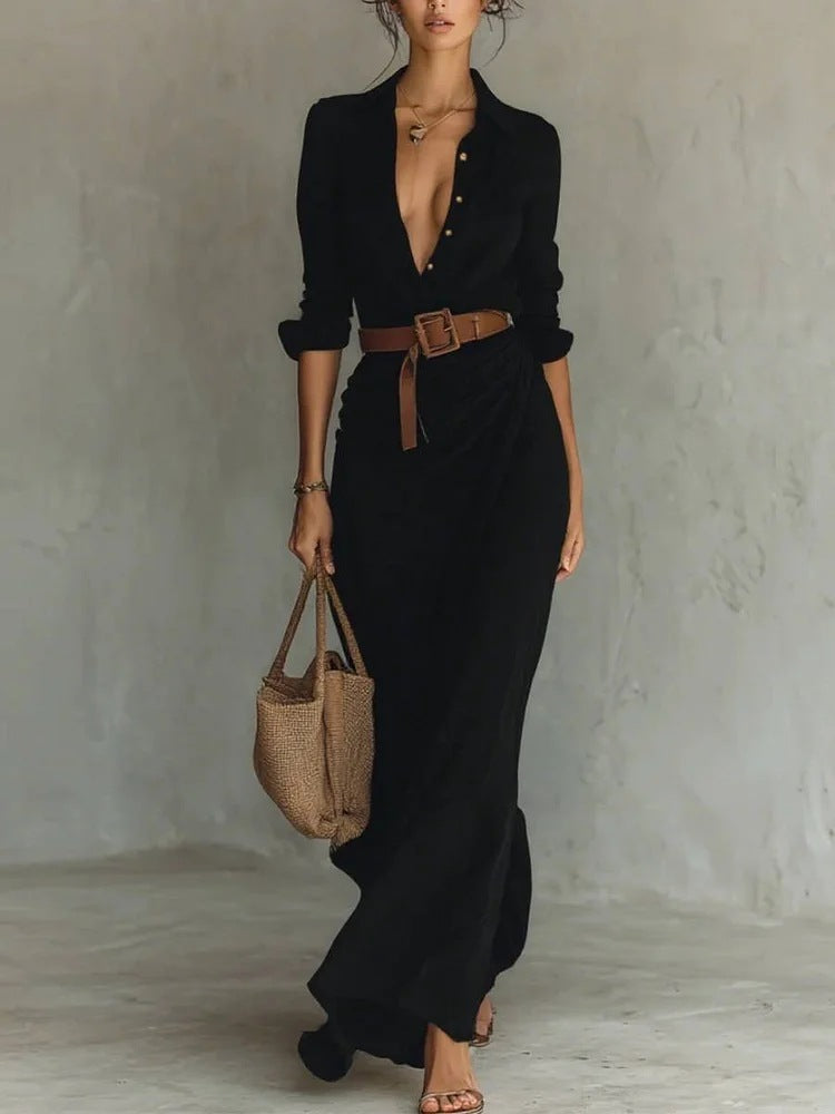 Irregular Long Dress With Belt Fashion And Elegant Button Lapel Long-sleeved Shirt Dresses Daily Office Commuting Clothing For Women Koalakits36