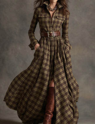 Plaid Print Long-Sleeved Dress Fashion Pockets Collared Buttons Shirt Long Dresses Retro Koalakits36