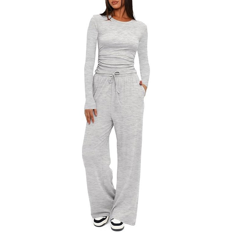 Women's Casual Suit Long Sleeve Tops High Waisted Wide Leg Pants Sportswear Clothes Solid Color | Koalakits36