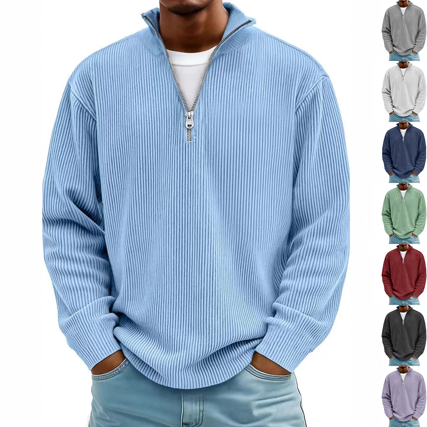 Corduroy Zipper Stand Collar Sweatshirt Fashion Warm Solid Color Long Sleeve Top Men's Casual Polo Shirt Koalakits36
