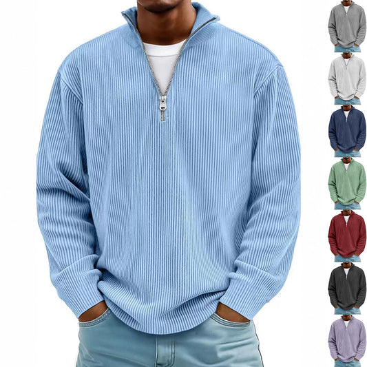 Corduroy Zipper Stand Collar Sweatshirt Fashion Warm Solid Color Long Sleeve Top Men's Casual Polo Shirt Koalakits36