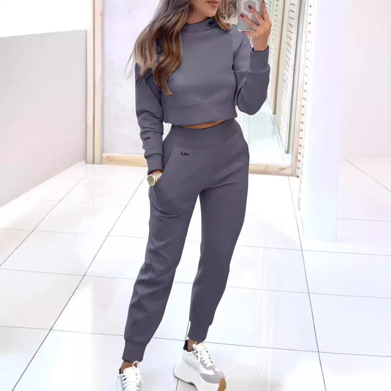 Sports Suit Fashion Pullover Long-sleeves Short Top And Slim Trousers With Pockets Solid Outfits Women's Clothing