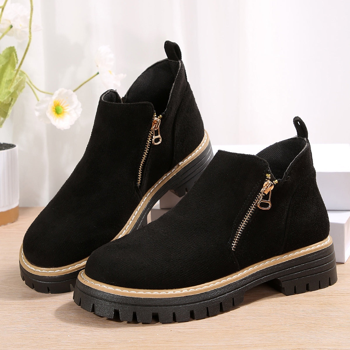 Fashion Ankle Boots With Side Zipper Ins Chunky Boots Autumn Winter Suede Shoes Women Koalakits36