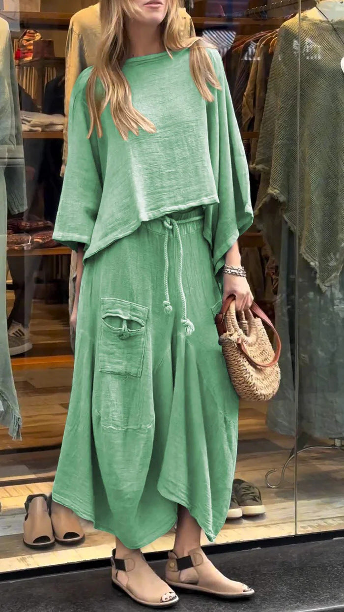 Loose-fitting Skirt Suit Fashion Solid Color Pullover Long-sleeved Top And Long Skirt Two-piece Set