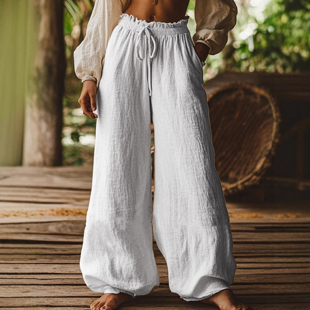 Fashion Casual Loose Artistic Pocket Drawstring Elastic Waist Wide Leg Pants Koalakits36