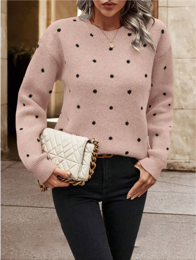 Fashion Polka Dot Print Pullover Sweater Casual Long-sleeved Knitted Tops Koalakits36