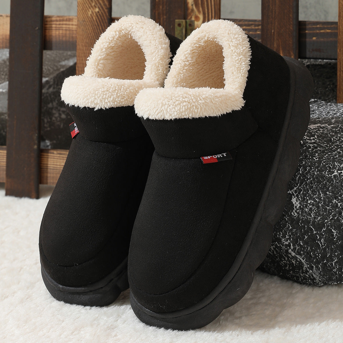 Winter Plush Cotton Shoes Women Men Warm Suede House Shoes For Parents Solid Color Thick-soled