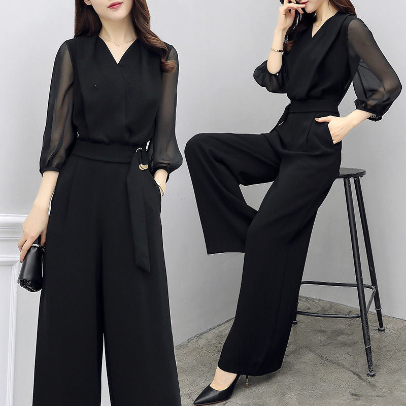 High-waisted Casual Black Three-quarter-sleeve Jumpsuit Set