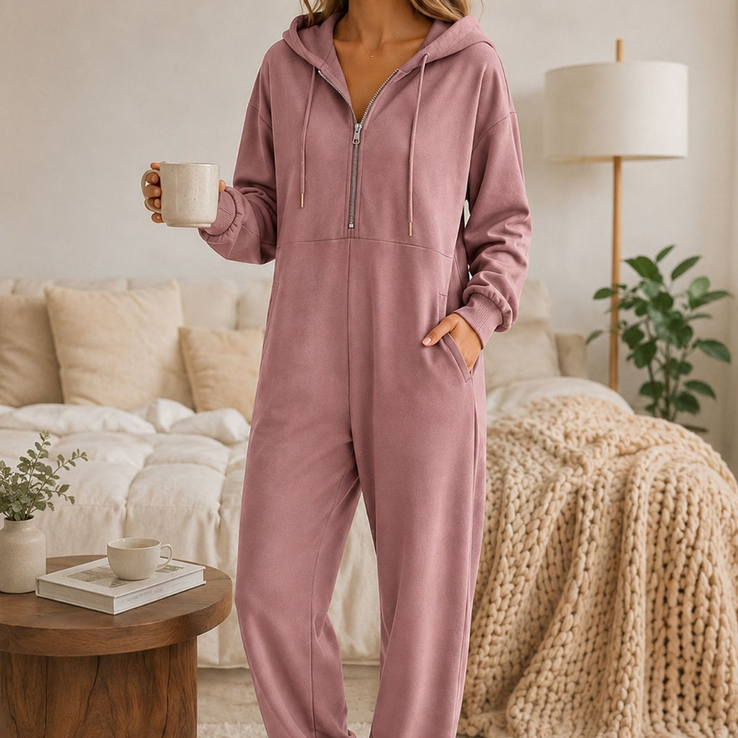 Hooded Zip-Up Jumpsuit for Women – Relaxed Full-Length Casual Style