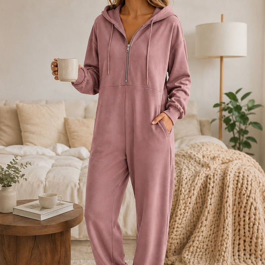 Hooded Zip-Up Jumpsuit for Women – Relaxed Full-Length Casual Style