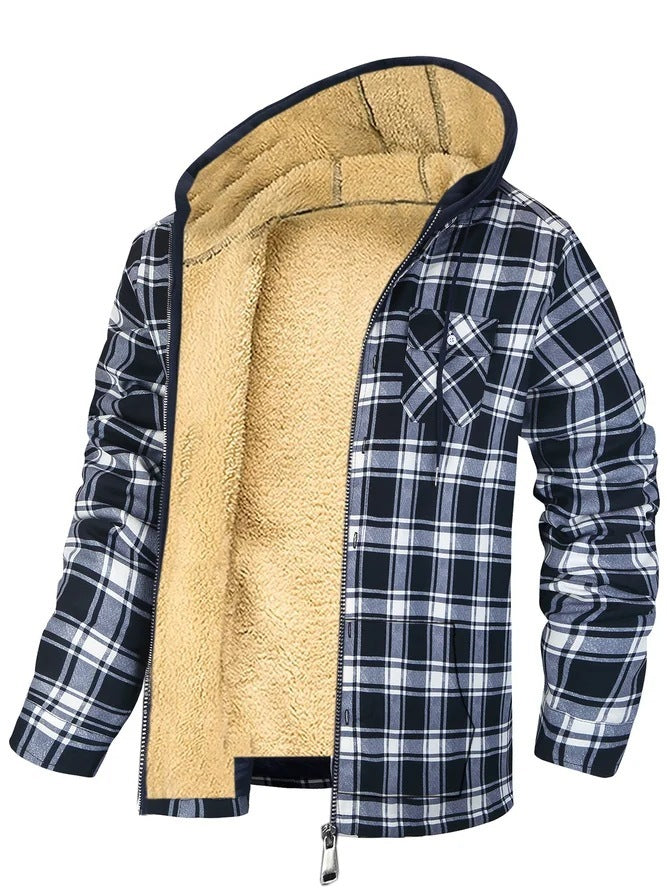 Men's Plaid Print Hooded Zip-Up Jacket Winter Thickened Cotton-padded Coat Warm