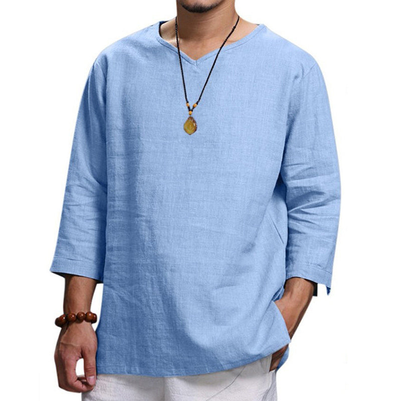 Loose Casual V-neck Top Cotton And Linen Long Sleeve