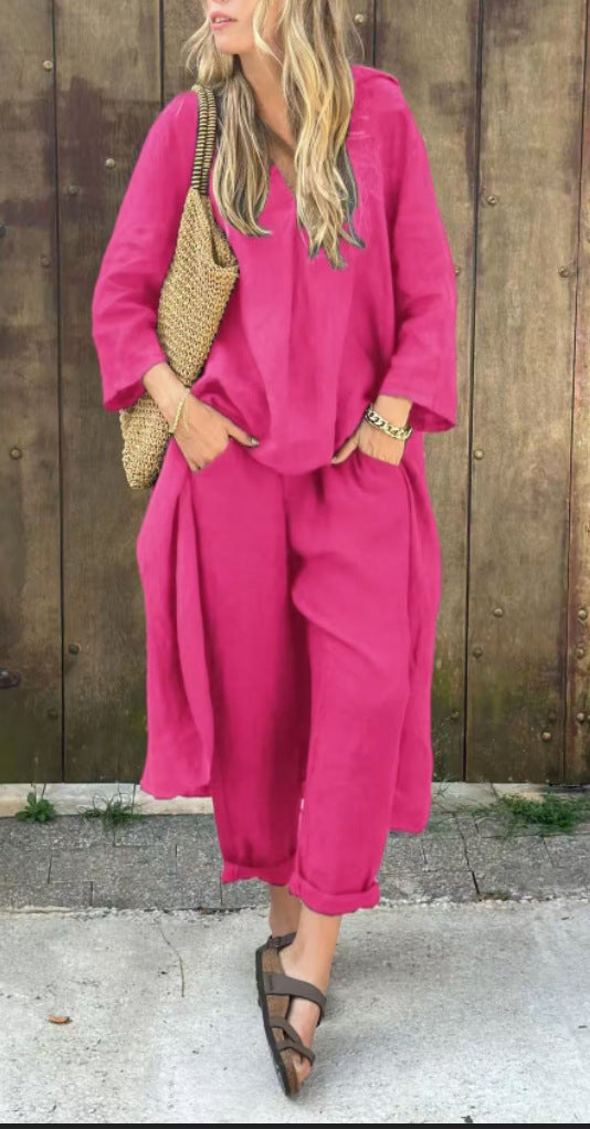 2pcs Long-sleeved Suits Loose V-neck Long Top And High Waist Wide Leg Pants | Koalakits36