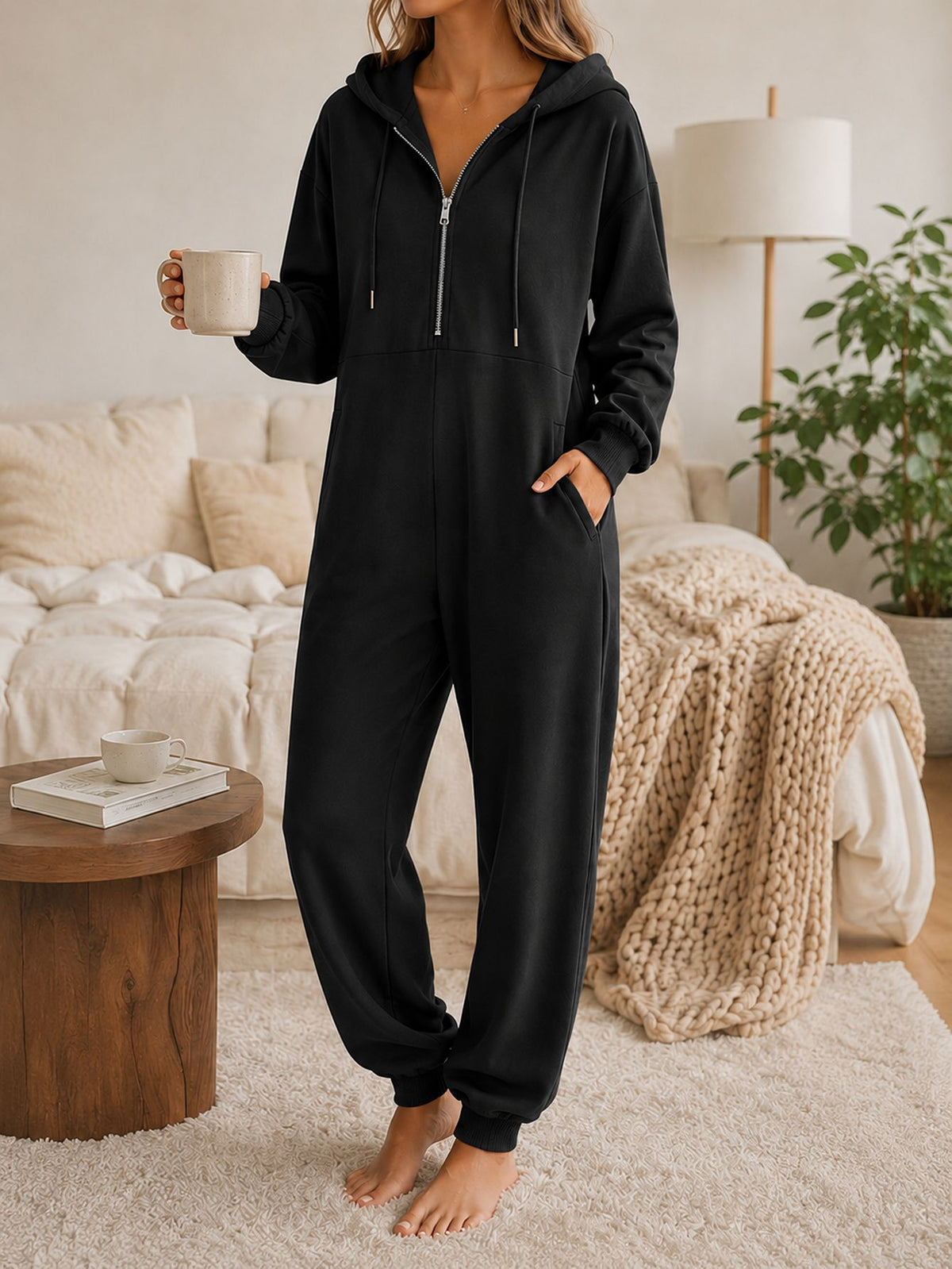 Hooded Zip-Up Jumpsuit for Women – Relaxed Full-Length Casual Style