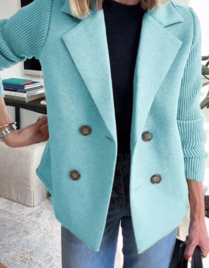 Double Breasted Lapel Jacket Fashion Knitted Sleeves Splicing Design Coat Outerwear Koalakits36