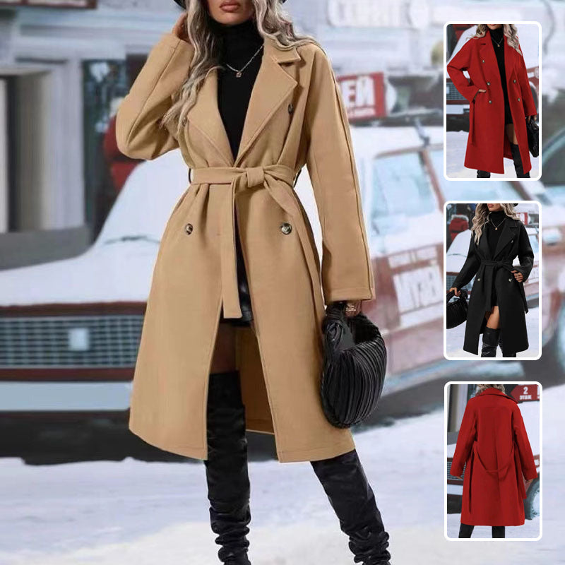 Lapel Double-breasted Trench Coat With Belt Winter Fashion Solid Color Long Jacket Outwear