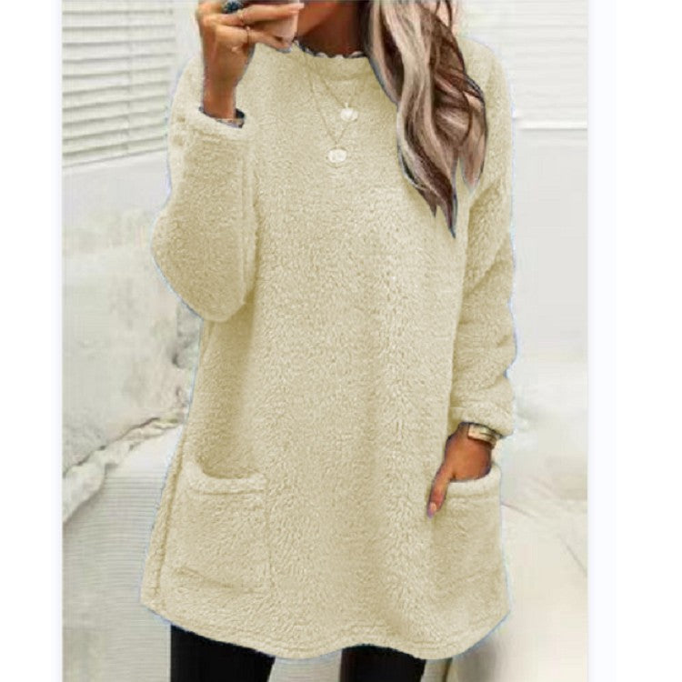 Women's Fleece Pullover Long Sweater With Pockets with Hoodie Winter Warm Thicken Casual Long Sleeve Plush Loose Tops Koalakits36