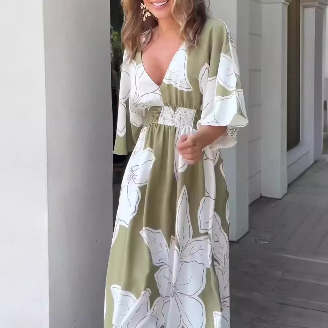 Flower Printed V-neck Batwing-sleeved Dress Fashion Elegant  Backless | Koalakits36