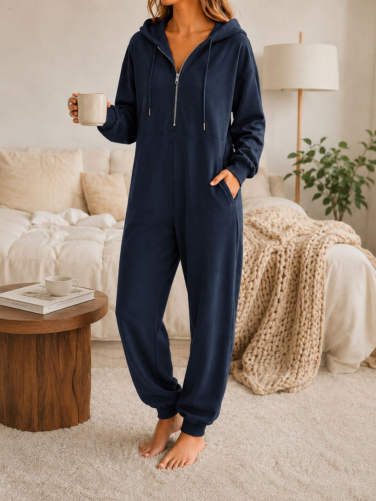 Hooded Zip-Up Jumpsuit for Women – Relaxed Full-Length Casual Style