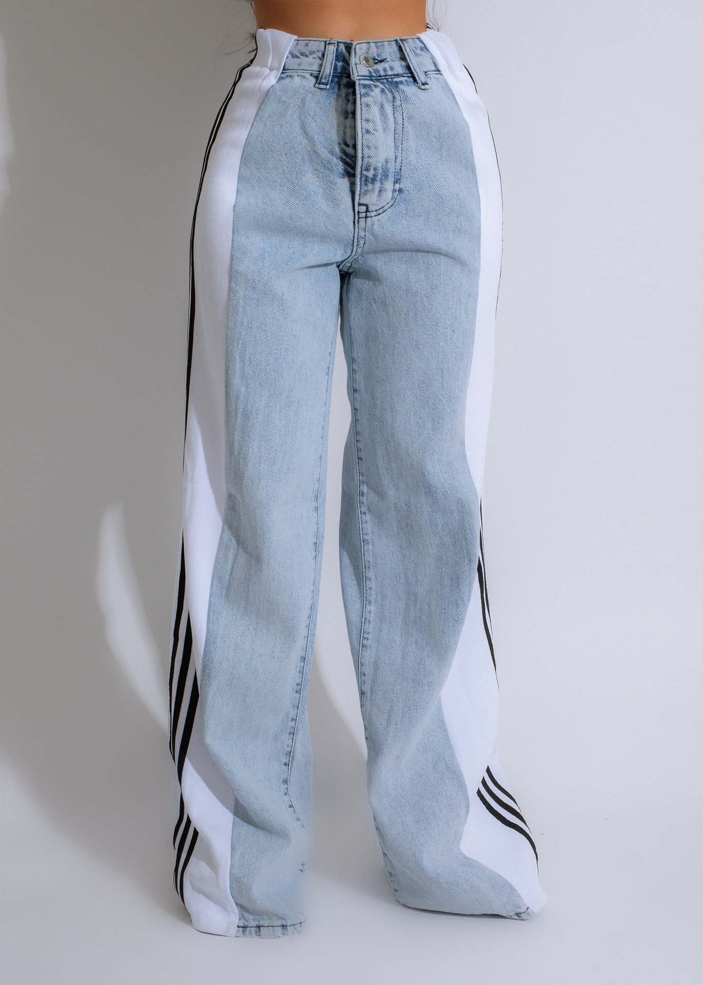 Fashion Casual High Waist Elastic Straight Leg Trousers Three Stripe Patchwork Denim Wide Leg Pants