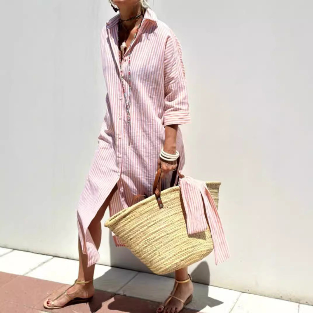 Striped Shirt Dress With Belt Fashion Half-sleeved Lapel Button Cardigan Dresses