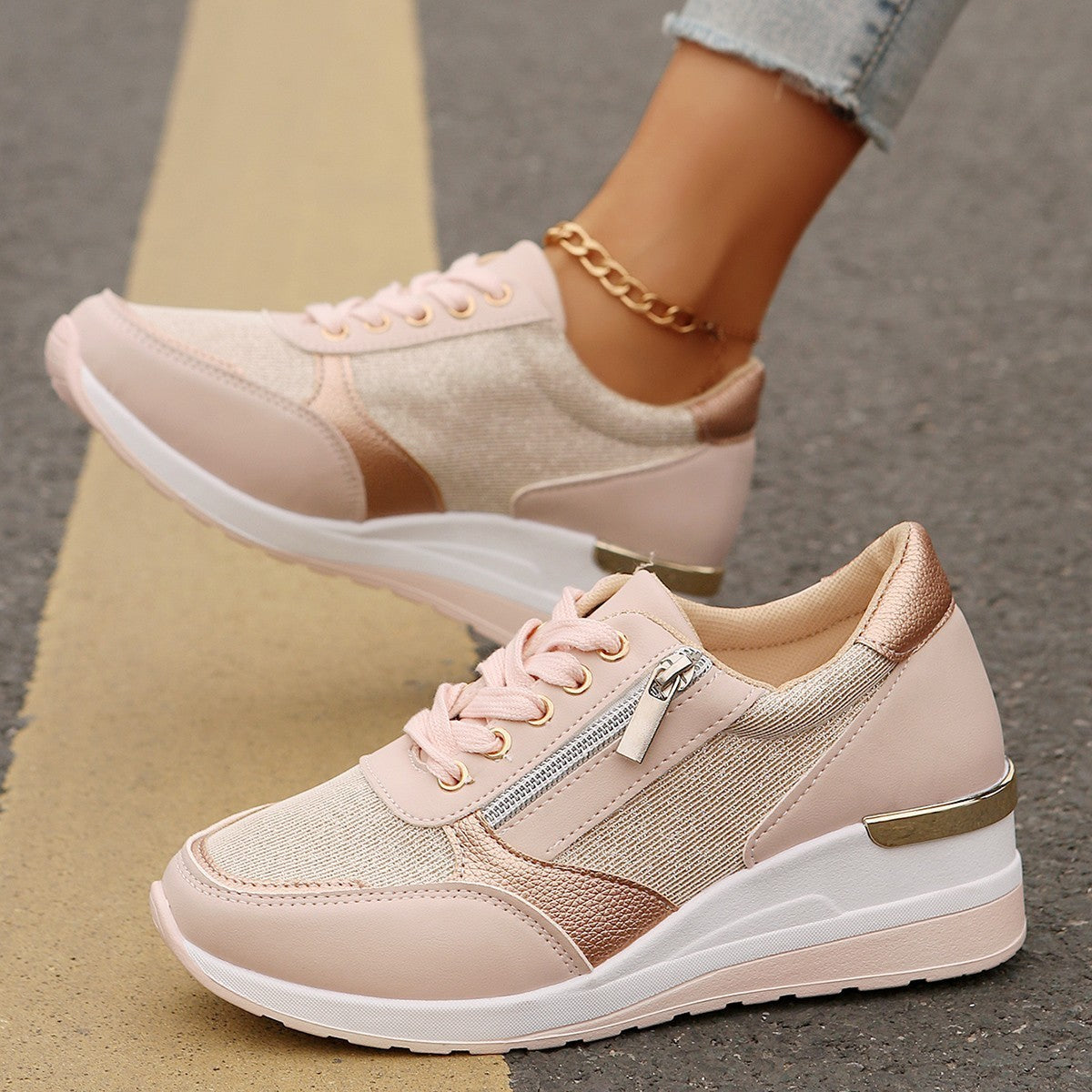 Women's Lace-up Casual Shoes Fashion Side Zipper Design Thick-soled Shoes Walking Running | Koalakits36