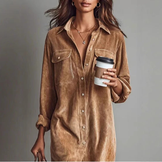 Corduroy Long Sleeve Lapel Shirt Loose Long Dress Koalakits36