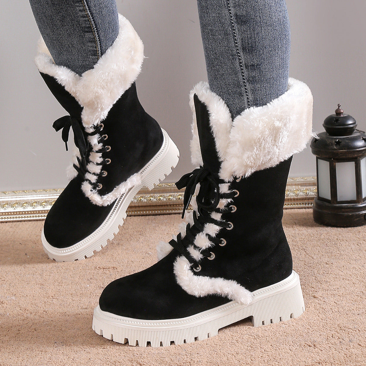 Winter Lace-up Snow Boots For Women Mid-tube Fleece Shoes Warm Chunky Heels Plush Boot Koalakits36