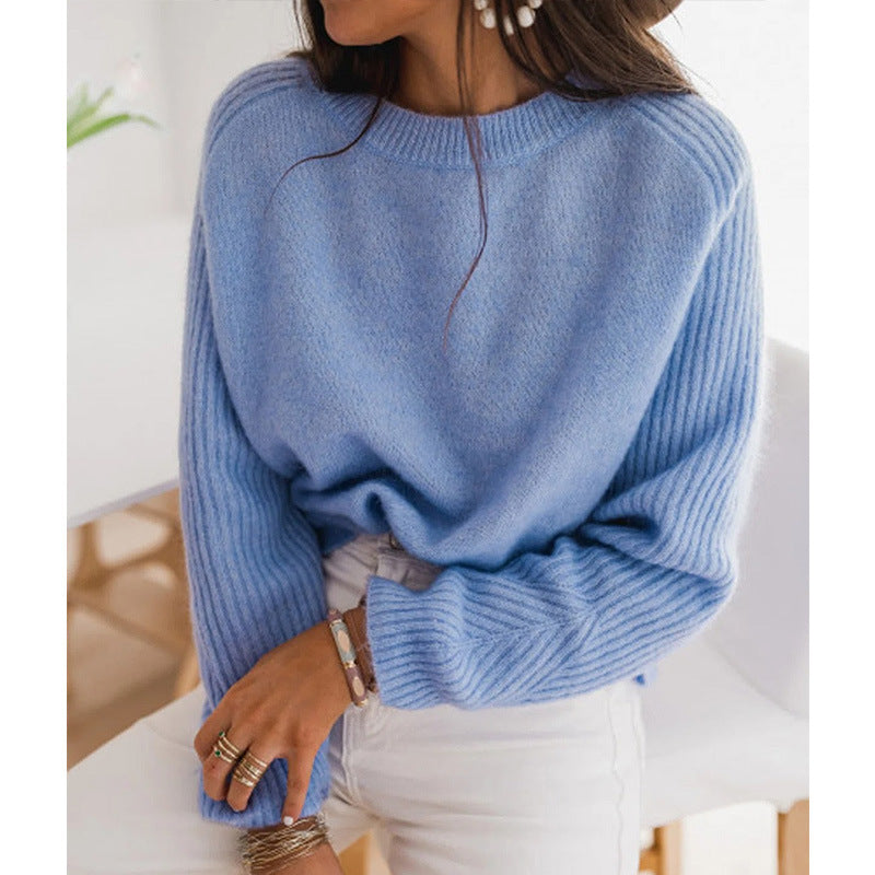 European Milk Blue Bedford Cord Sweater Women's Round-collar Long-sleeve Knitwear 