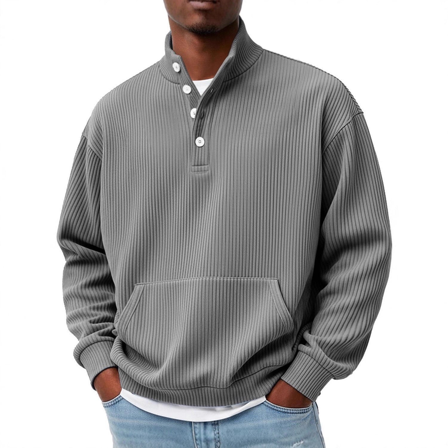 Turtleneck Casual Long-Sleeve Polo Sweatshirt With Pockets For Men Spring Autumn Clothing Loose Button Polo Collar Tees Tops Man Outwear