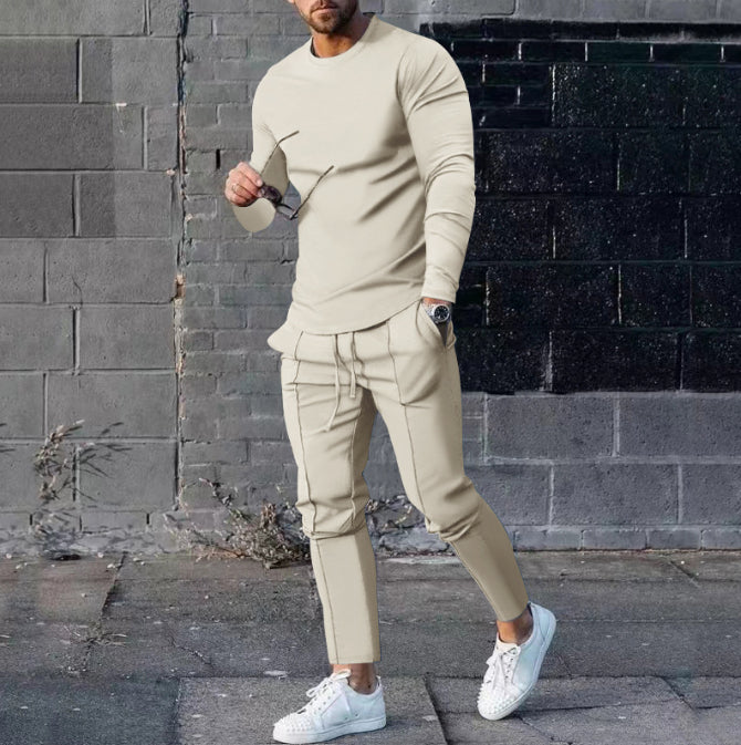 Men's Long-sleeved Suit Slim Crew Neck Pullover T-shirt And Pockets Drawstring Pants Casual Trousers Koalakits36