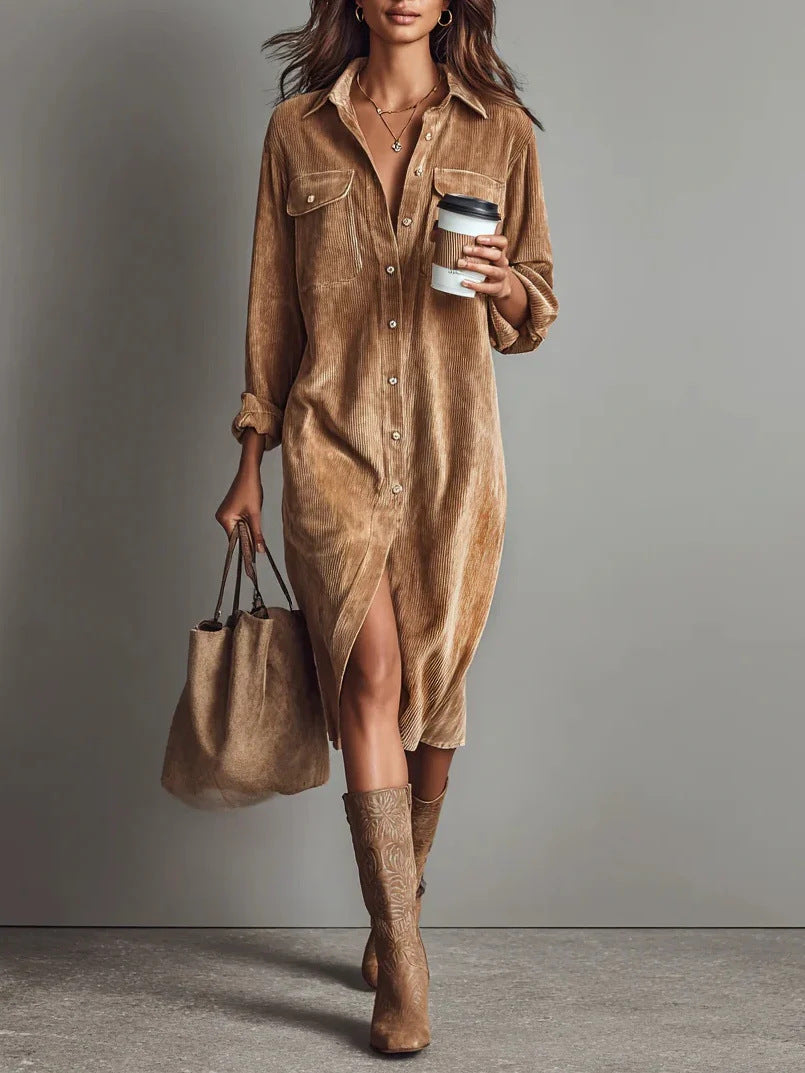 Corduroy Long Sleeve Lapel Shirt Loose Long Dress Koalakits36