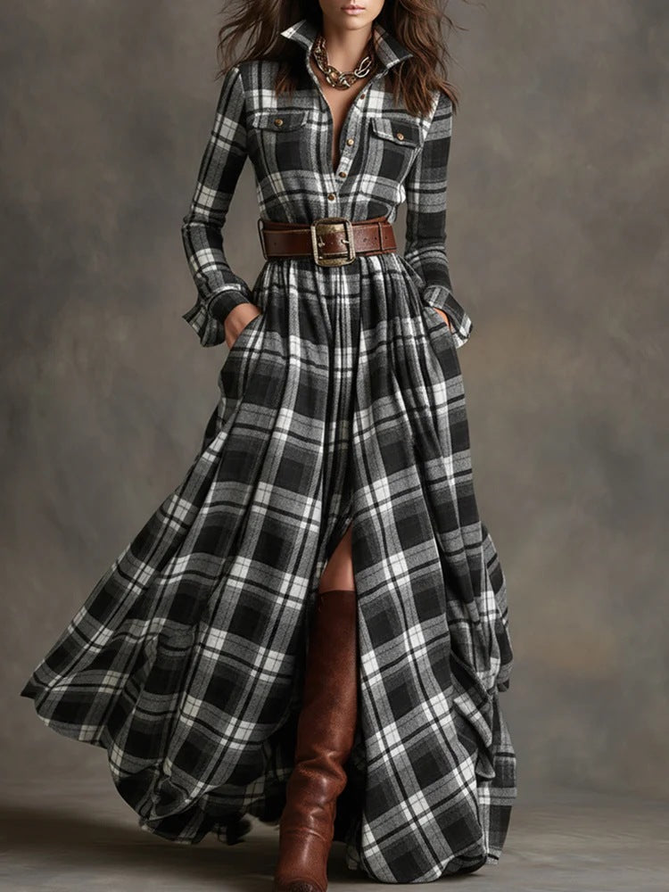 Plaid Print Long-Sleeved Dress Fashion Pockets Collared Buttons Shirt Long Dresses Retro Koalakits36