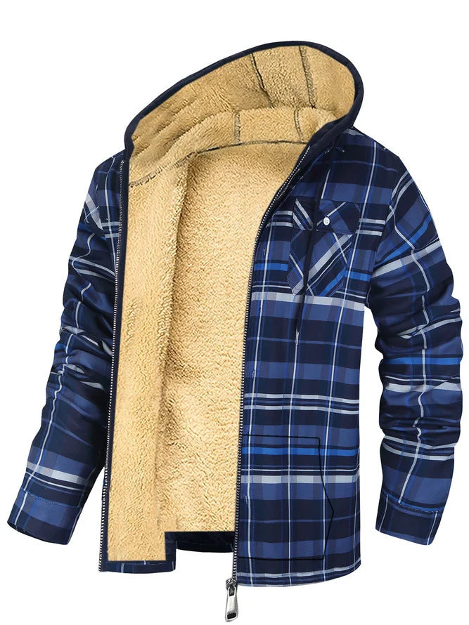 Men's Plaid Print Hooded Zip-Up Jacket Winter Thickened Cotton-padded Coat Warm