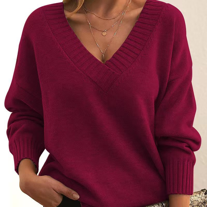 Solid V-neck Sweater Fashion Loose Long-sleeved Knitted Women's Tops Koalakits36