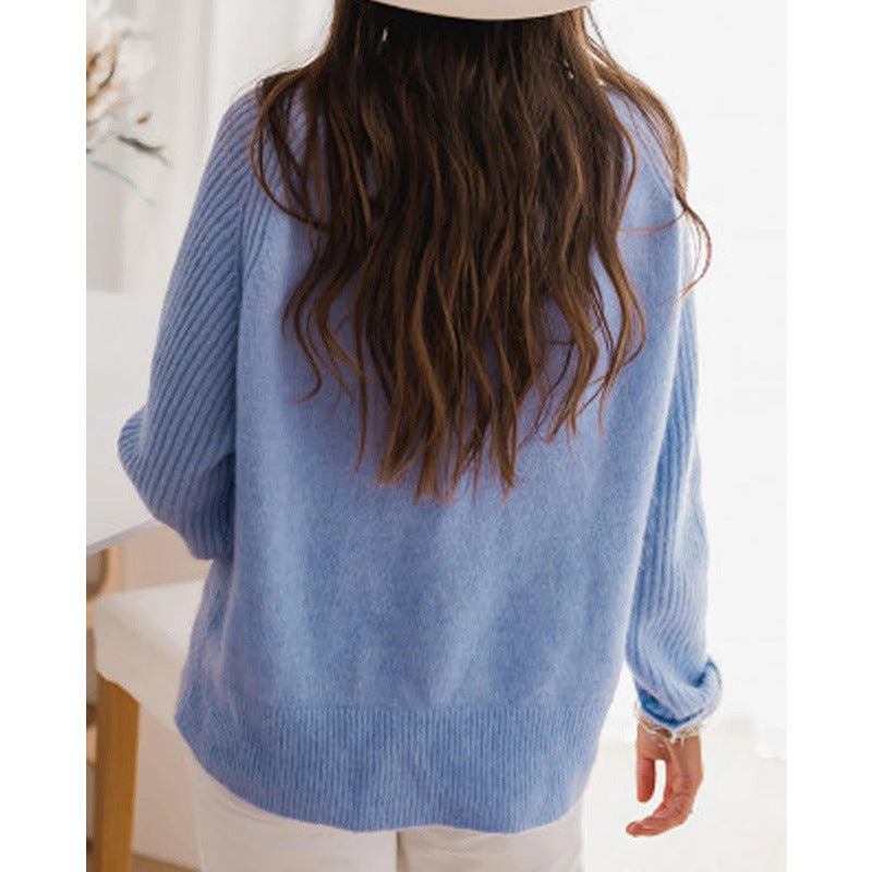 European Milk Blue Bedford Cord Sweater Women's Round-collar Long-sleeve Knitwear 