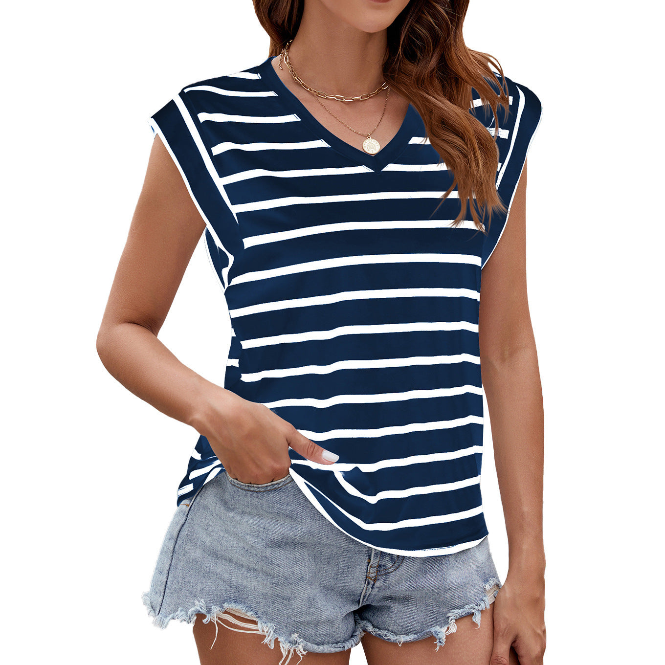 Stripe Print V-neck Short-sleeved T-Shirt Summer Loose Tank Top