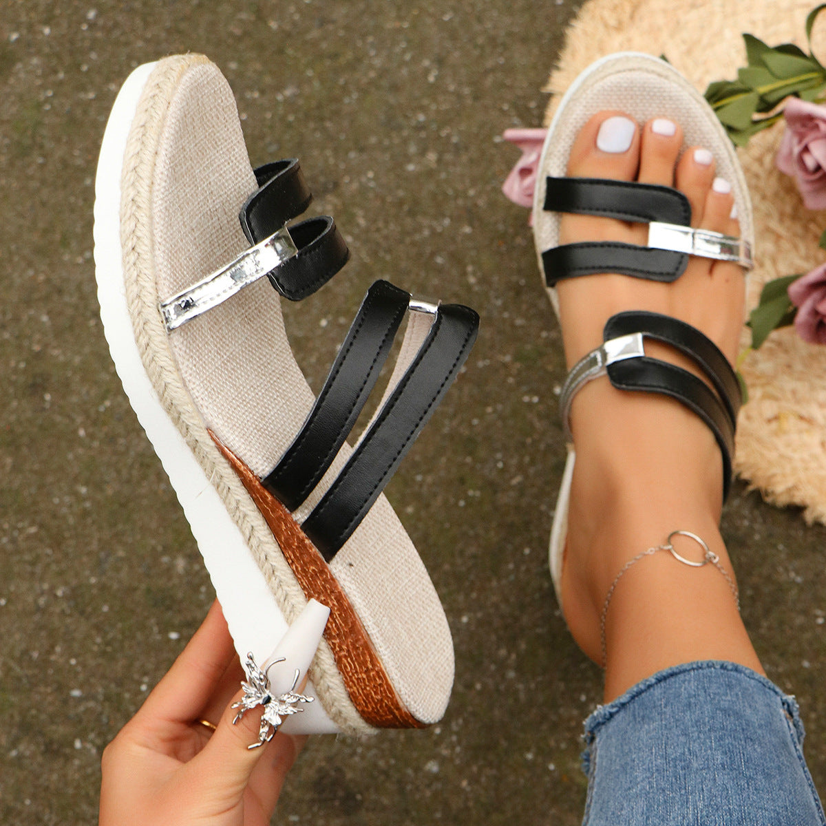 Color block-strap Wedges Sandals Summer Fashion Hemp Heel Slides Slippers Outdoor Thick Bottom Fish Mouth Shoes For Women