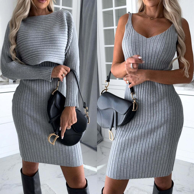 Women's Solid Stripe Long-sleeved Top And Tight Suspender Skirt Fashion Autumn Winter Slim Clothing Koalakits36